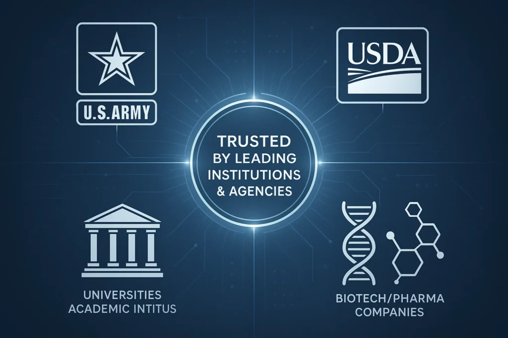 Visualize logos or abstract representations of U.S. Army, USDA, universities/academic institutions, and biotech/pharma companies
