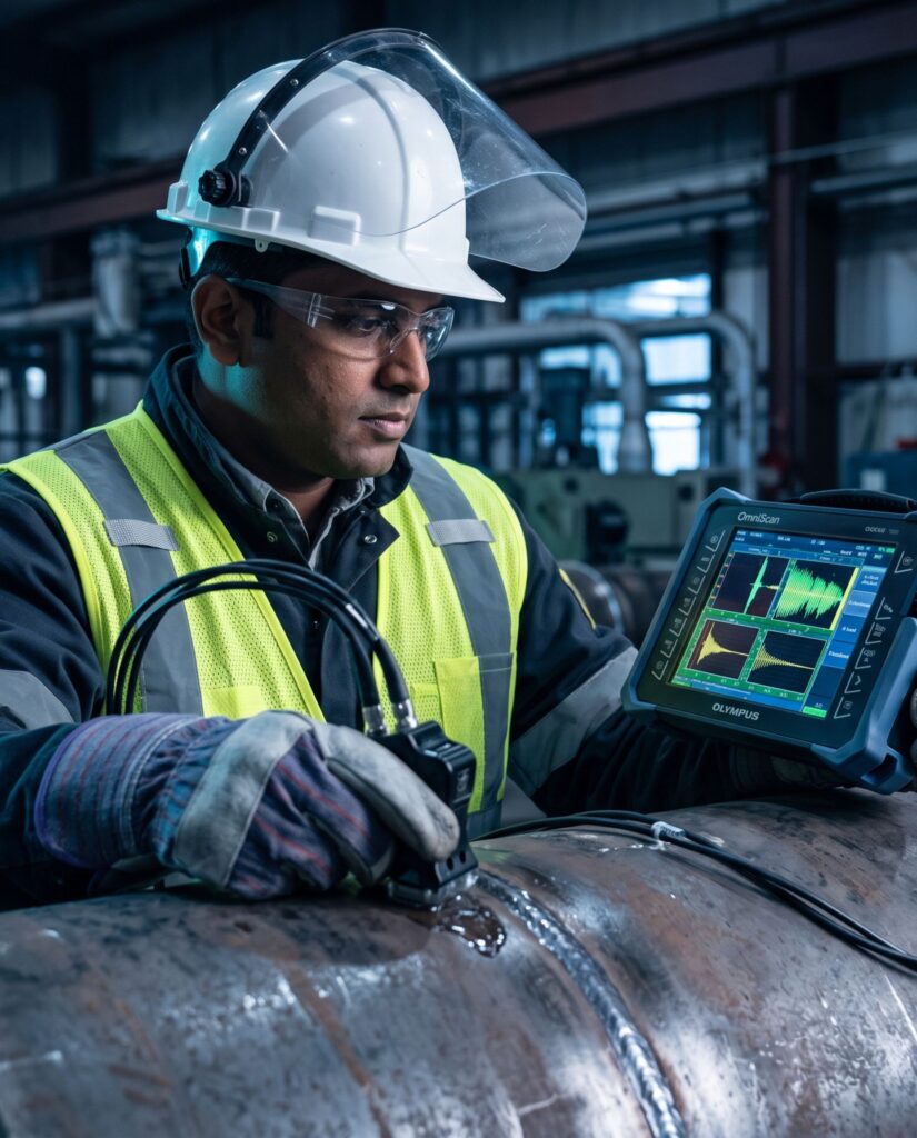 NDT technician in full PPE performing inspection